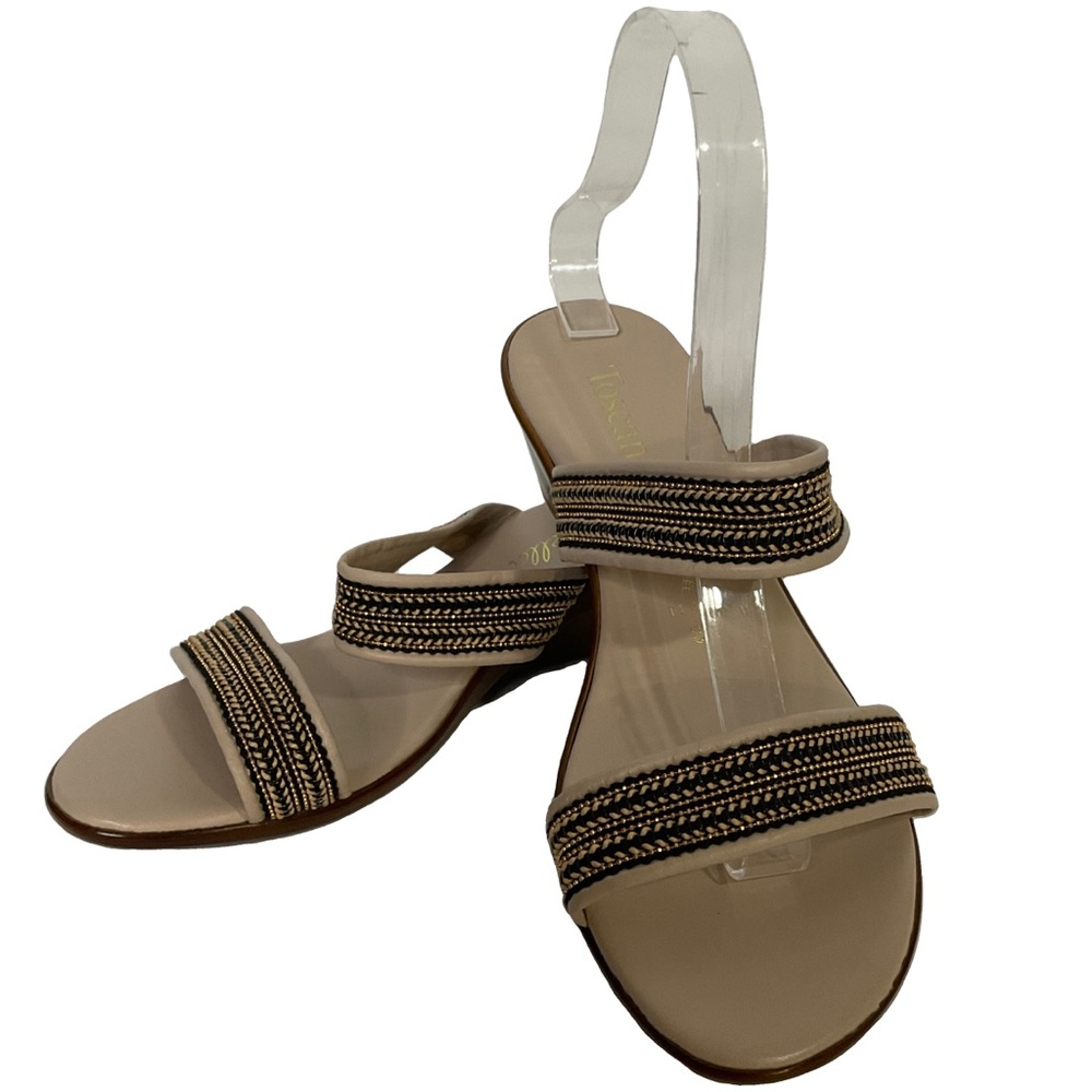 Toscanella Ladee Women's Beige Black Beaded Design Open Toe Slip-on Sandals; 8.5